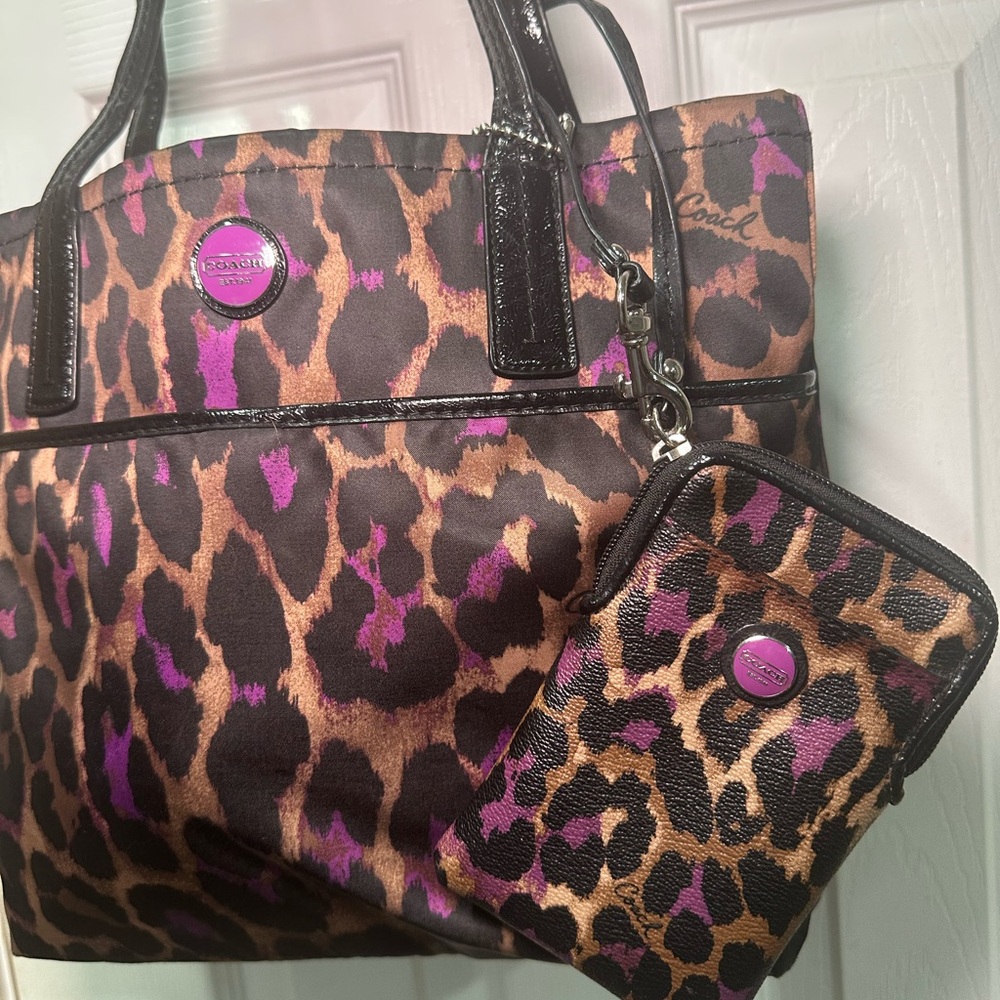 Coach Leopard Print Tote with Purple Highlights